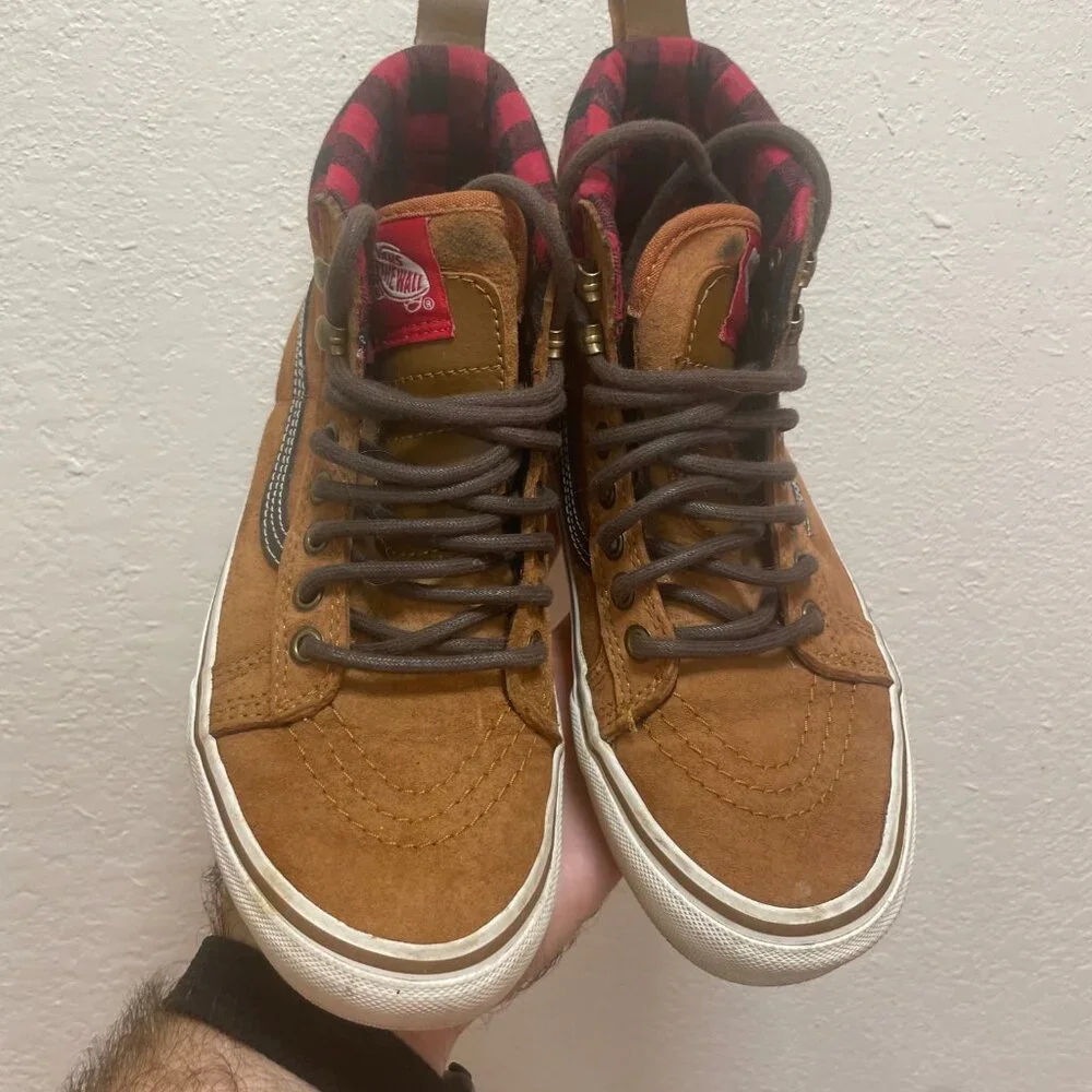 Vans Sk8-Hi MTE Men 5 Women 6.5 Scotchgard 3M Suede Glazed Brown Plaid Lined Red - Picture 4 of 6